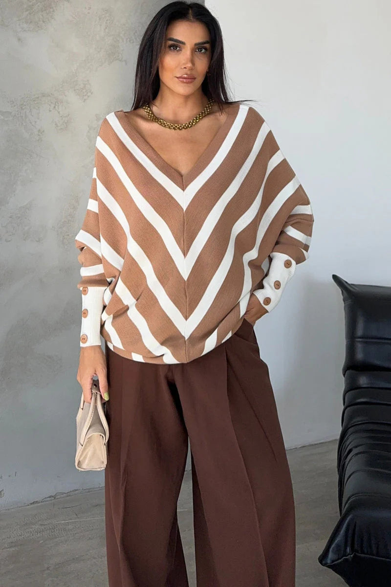 Camel Off-Shoulder Striped Knit Sweater with Button Details - M/L