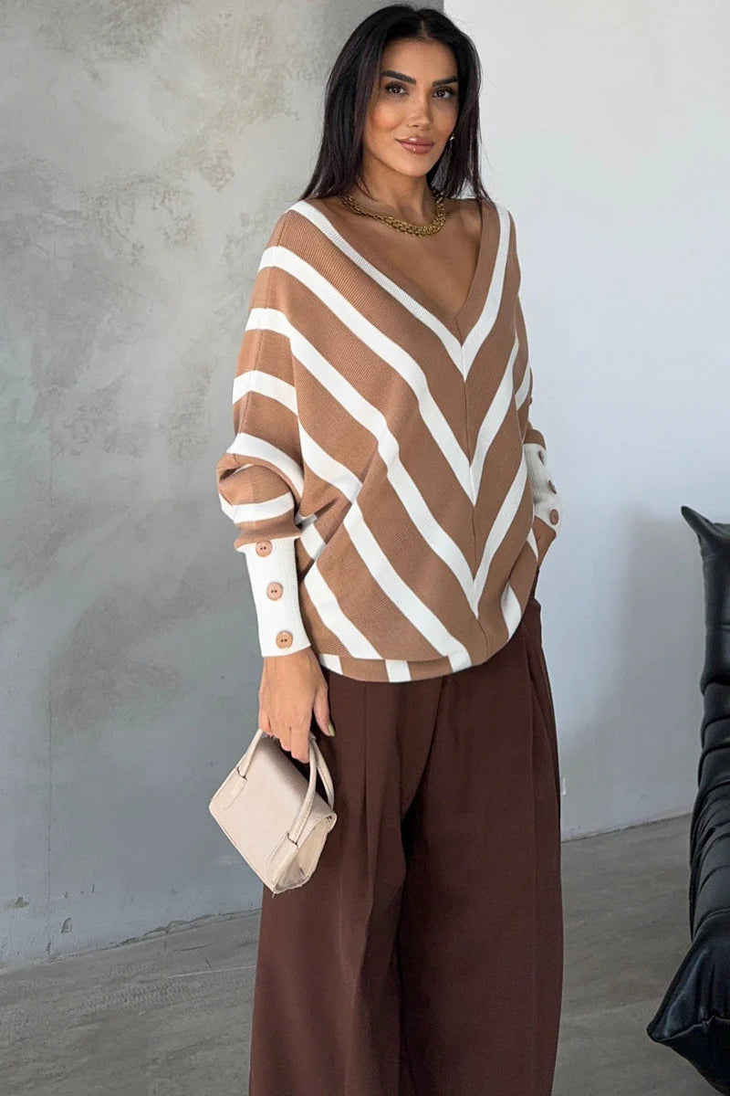 Camel Off-Shoulder Striped Knit Sweater with Button Details - M/L