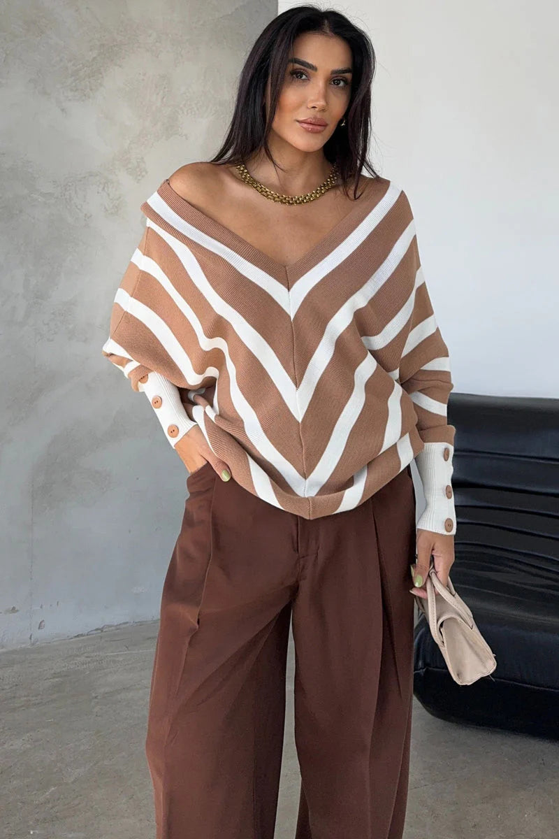 Camel Off-Shoulder Striped Knit Sweater with Button Details - M/L