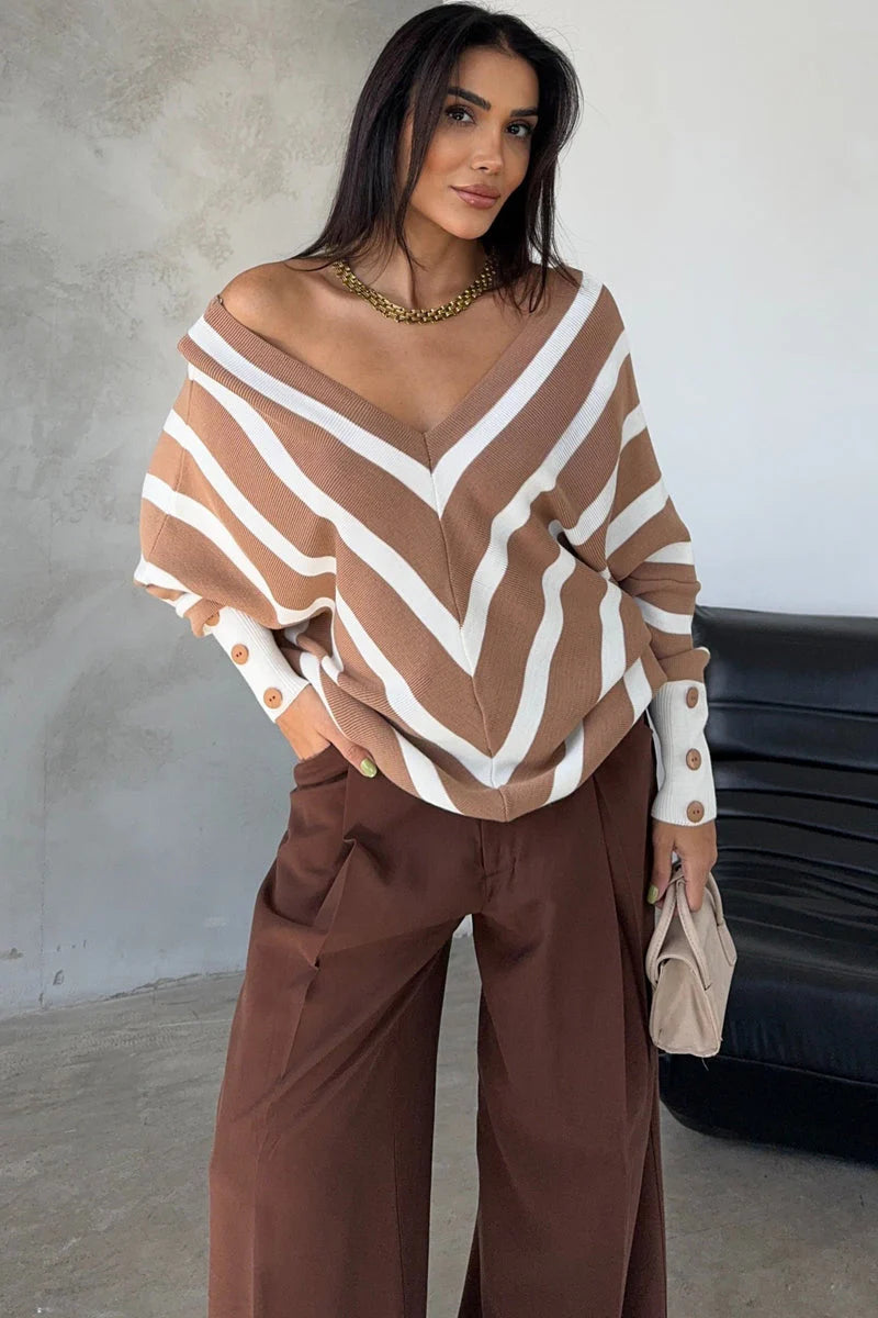 Camel Off-Shoulder Striped Knit Sweater with Button Details - M/L