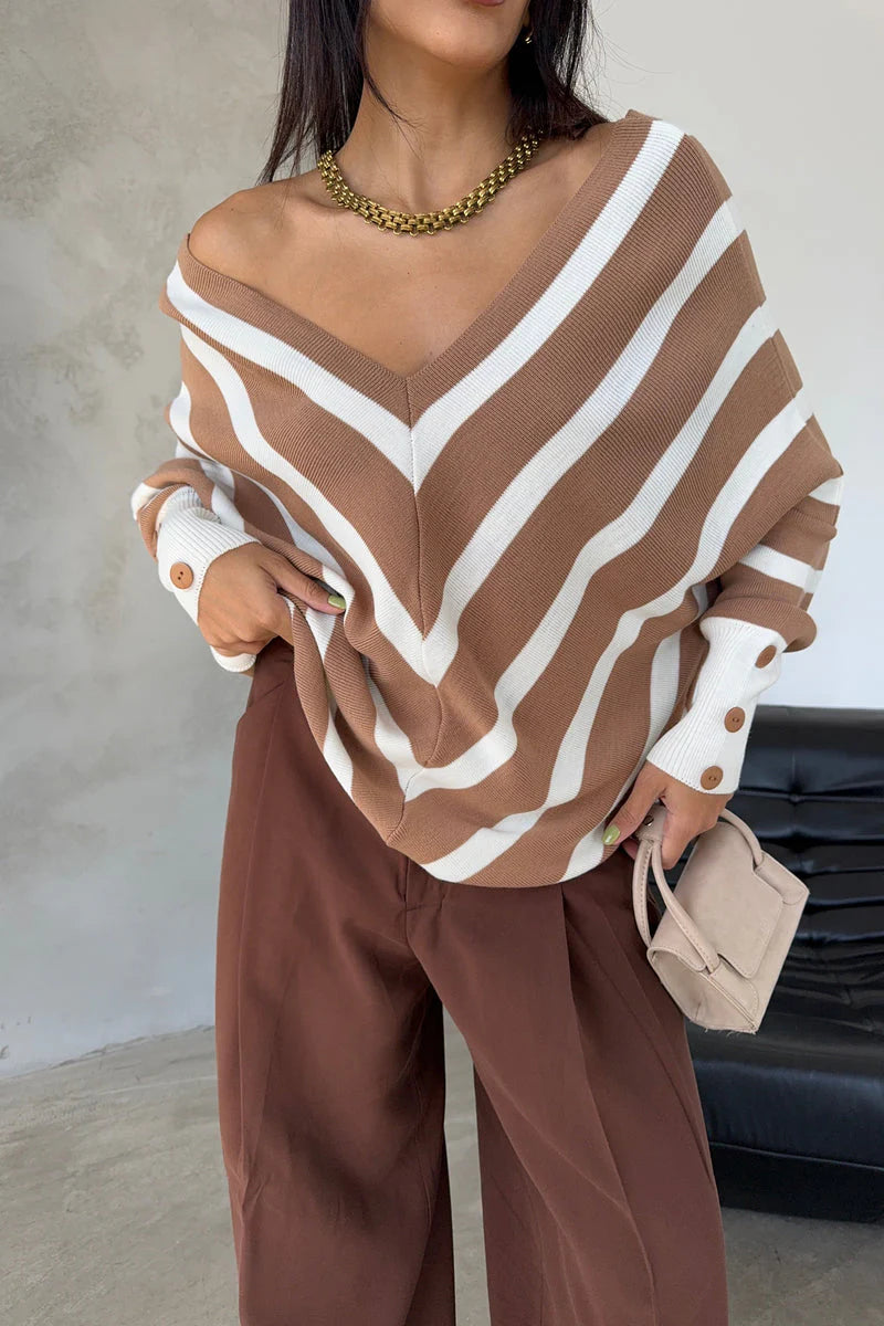 Camel Off-Shoulder Striped Knit Sweater with Button Details - M/L