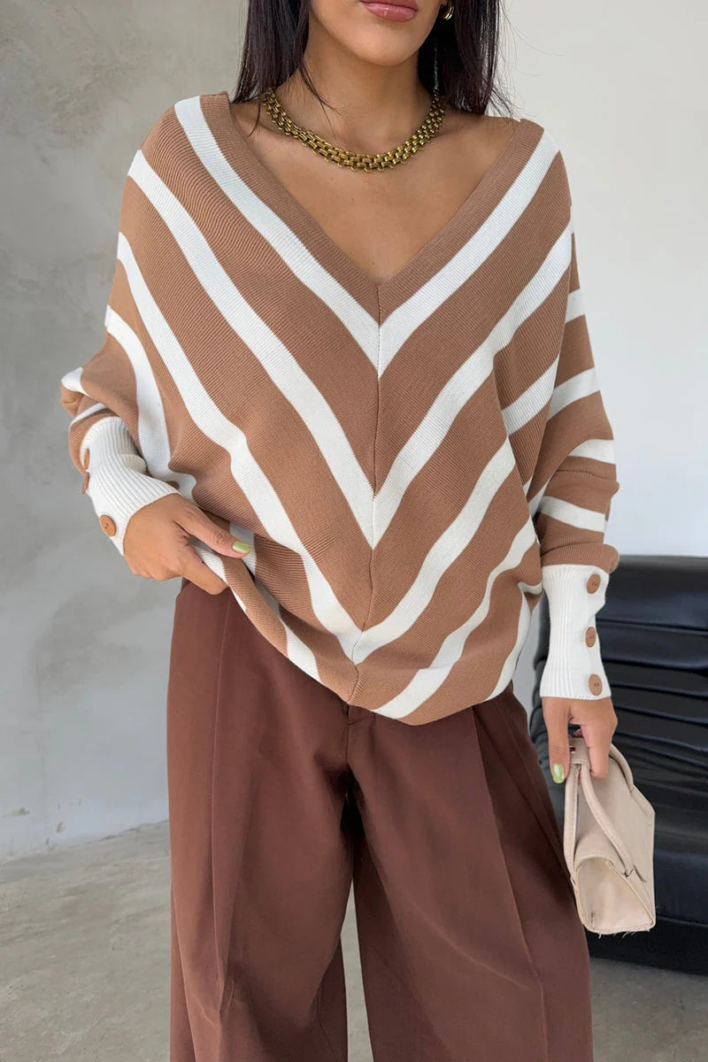 Camel Off-Shoulder Striped Knit Sweater with Button Details - M/L
