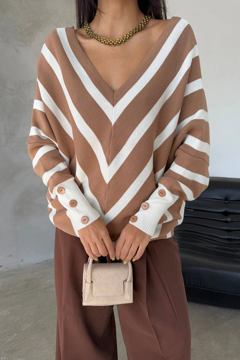 Camel Off-Shoulder Striped Knit Sweater with Button Details - M/L