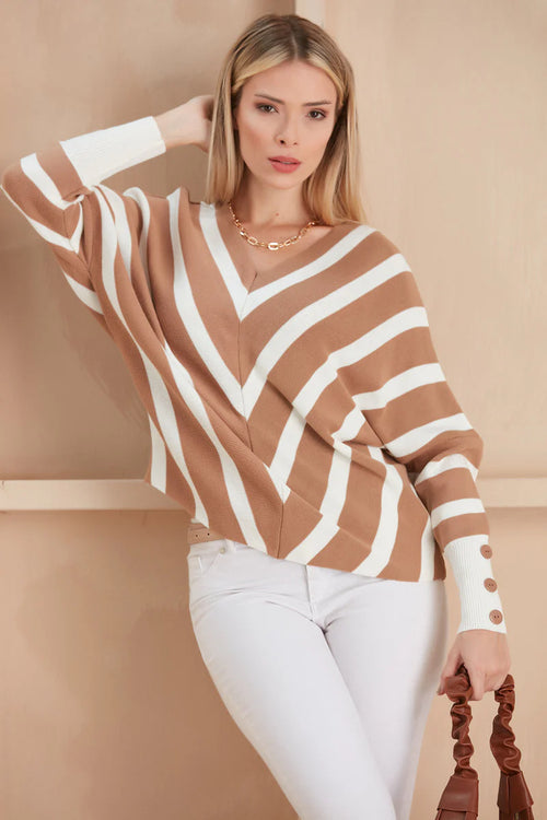 Camel Off-Shoulder Striped Knit Sweater with Button Details - M/L