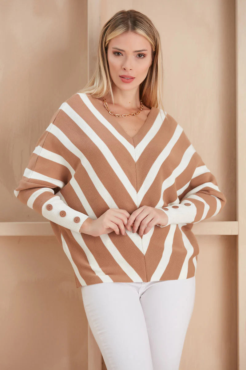Camel Off-Shoulder Striped Knit Sweater with Button Details - M/L