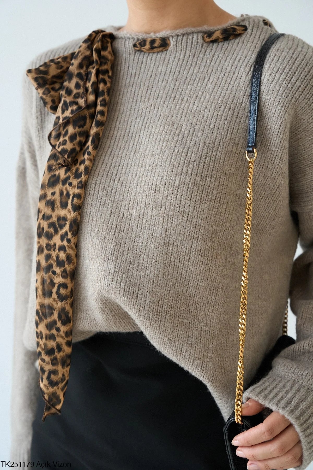 Leopard Tie Detail Soft Knit Jumper - Light Mink