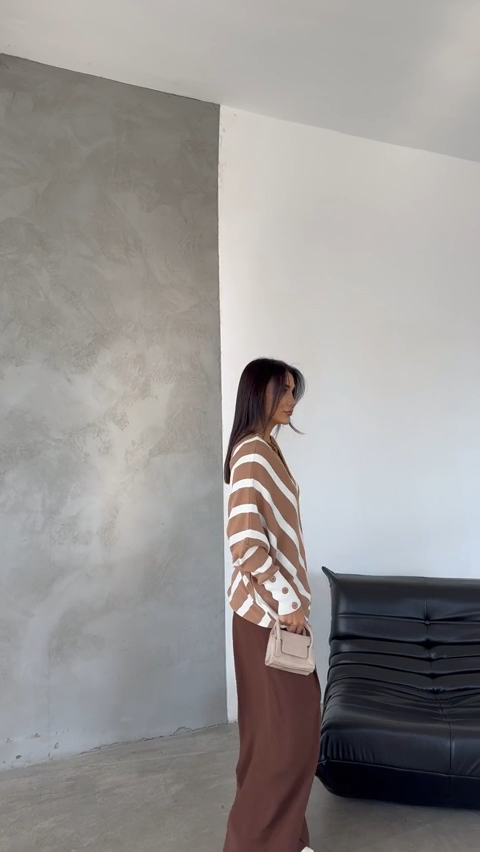 Camel Off-Shoulder Striped Knit Sweater with Button Details - M/L